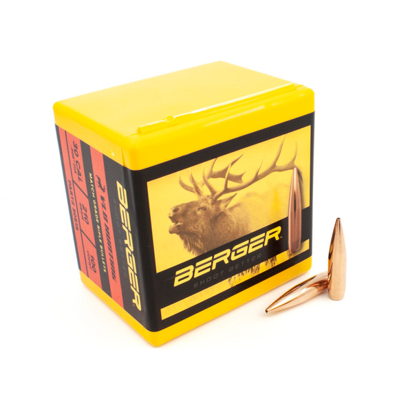 Yellow box of Berger .30 Caliber, 210gr VLD Hunting bullets, product number 30515, containing 100 rounds, displayed next to two individual bullets. The box features a large image of a deer on the side, symbolizing its use for hunting. The side panels are red and detailed with black text specifying the bullet’s weight and purpose, emphasizing the bullet’s design for precision and effectiveness in hunting large game.