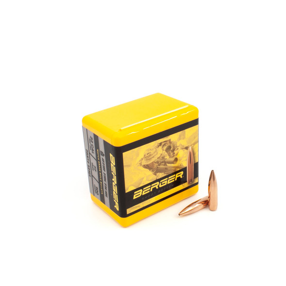 Yellow box of Berger .22 Caliber, 77gr OTM Tactical bullets, product number 22101, containing 100 rounds, displayed beside two individual bullets. The box features an image of a tactical shooter in action on the side, symbolizing its use for tactical applications. The side panels are detailed with black and red text, highlighting the bullet’s specifications and optimal use in precision shooting and tactical scenarios.