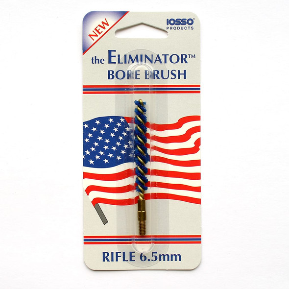 Packaging of IOSSO Eliminator Bore Brush for rifles in 6.5mm caliber, prominently featuring an American flag design. The 'NEW' label is displayed at the top of the package, and the brush itself is shown with distinct cobalt blue fibers. The packaging clearly states 'RIFLE 6.5mm' at the bottom, emphasizing the specific caliber for which the brush is designed.