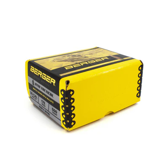Bright yellow box of Berger .30 Caliber, 175gr OTM Tactical bullets, product number 30795, containing 500 rounds. The box is vividly colored with black detailing and features bullet illustrations on the side, emphasizing the product's use in tactical applications. The packaging is highly visible with clear, bold labeling of the bullet specifications and intended competitive shooting applications.