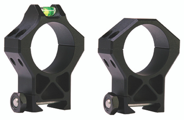 Hawkins Precision 30mm High Scope Ring Set, model number 901-0003, with a height of 1.25 inches, presented in matte black finish. These robust scope rings feature a unique geometrical design for added strength, integrated bubble levels for precise alignment, and are displayed side-by-side to emphasize their suitability for elevated scope mounting in tactical and hunting applications.