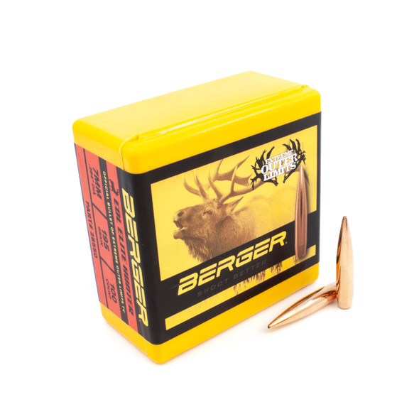Yellow box of Berger 7mm, 195gr EOL Elite Hunter bullets, product number 28550, containing 100 rounds, displayed next to two individual bullets. The box features a large image of a deer on the side, symbolizing its use for elite hunting. The side panels are red and detailed with black text specifying the bullet’s weight and purpose, emphasizing the bullet’s design for precision and effectiveness in hunting large game.