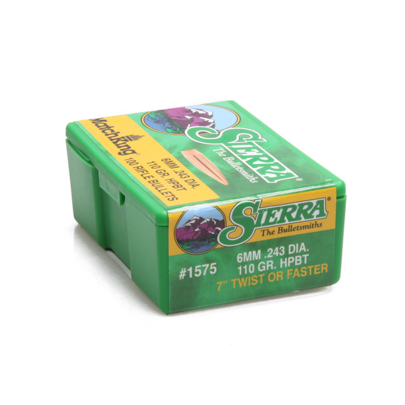 Green box of Sierra Bullets, 6mm 110 grain HPBT Match, product number 1575. The packaging features Sierra's logo, images of a ram and a bear, and specifies '6MM .243 DIA. 110 GR. HPBT, 7" twist or faster'. Designed for precise long-range shooting, the box highlights the bullet's specifications and capabilities.