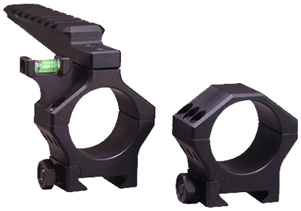 Hawkins Precision 34mm Heavy Tactical Scope Ring Set, model number 912-0003, with a height of 1.15 inches and integrated Picatinny rail. These matte black scope rings are crafted for high-stress environments, featuring robust construction with built-in bubble levels for optimal alignment. Displayed with one ring mounted on the rail and the other separately, highlighting their modular design and tactical efficiency.