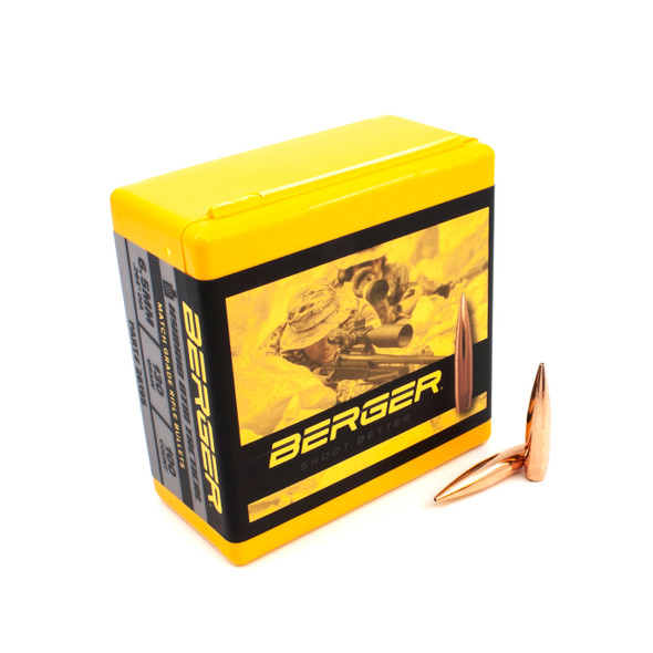 Yellow box of Berger 6.5mm, 130gr AR Hybrid OTM Tactical bullets, product number 26195, containing 100 rounds, displayed beside two individual bullets. The box features a large image of a tactical shooter in action on the side, symbolizing its use for tactical applications. The side panels are detailed with black and red text, highlighting the bullet’s specifications and optimal use in precision shooting and tactical scenarios.