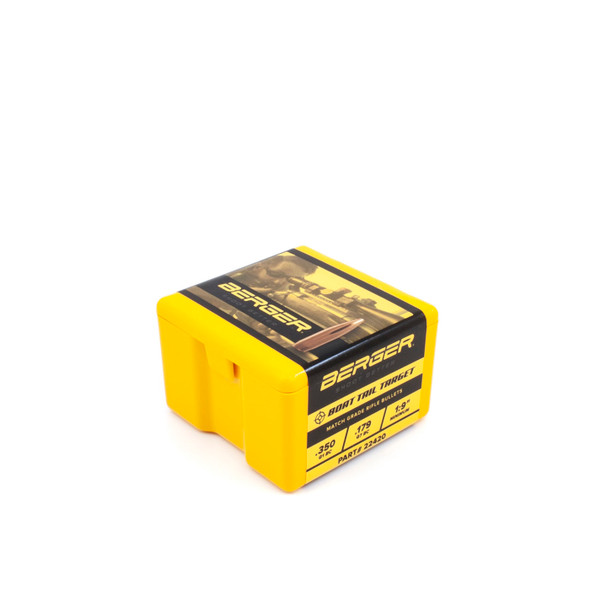 Bright yellow box of Berger .22 Caliber, 73gr BT Target bullets, product number 22420, containing 100 rounds. The packaging is marked with black text and features a silhouette of a target shooter, emphasizing the bullet’s use in precision target shooting. The vivid yellow and black design enhances visibility, while detailed specifications on the sides provide essential information for competitive shooters.