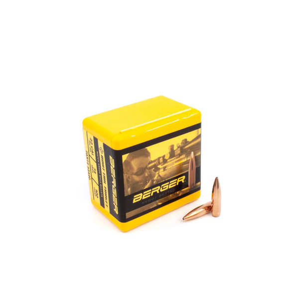 Yellow box of Berger .22 Caliber, 73gr BT Target bullets, product number 22420, containing 100 rounds, displayed next to two individual bullets. The box features a large image of a competitive shooter in action on the side, symbolizing its use for target shooting. The side panels are detailed with black and red text, highlighting the bullet’s specifications and optimal use in precision target shooting scenarios.