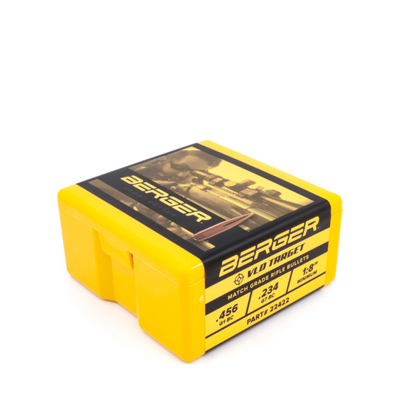 Bright yellow and black box of Berger .22 Caliber, 80gr VLD Target bullets, product number 22422, containing 100 rounds. The box features a label with silhouettes of shooters, emphasizing the bullet’s design for precision target shooting. The bold yellow packaging with black and red text outlines the bullet specifications and use, making it easily identifiable and informative for competitive shooters.