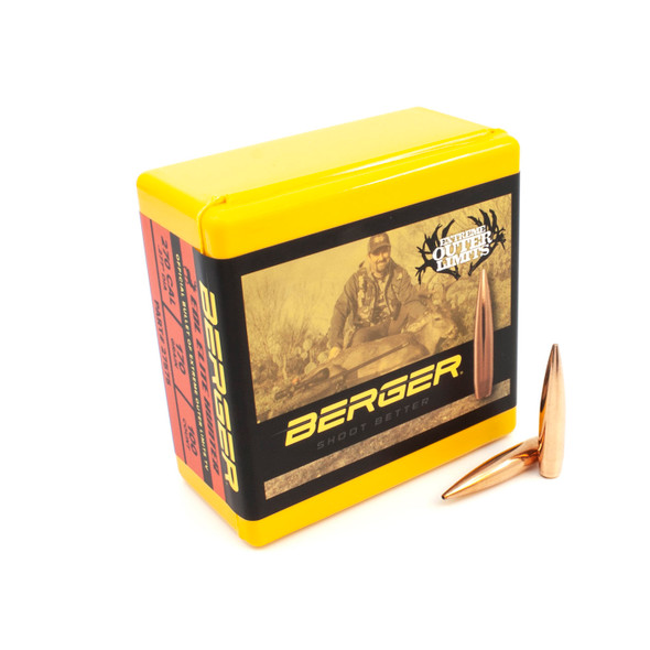 Yellow box of Berger .270 Caliber, 170gr Elite Hunter bullets, product number 27575, containing 100 rounds, displayed beside two individual bullets. The box features a large image of a hunter in a wilderness setting on the side, symbolizing its use for elite hunting. The side panels are red and detailed with black text specifying the bullet’s weight and purpose, emphasizing the bullet’s design for precision and effectiveness in hunting large game.