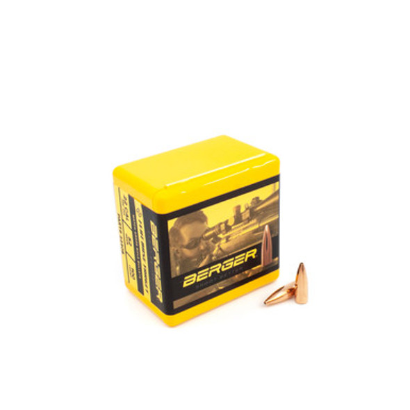 Berger .22 cal 52gr Flat Base Target — box front with two rounds at right-angle (box + two rounds) Berger .22 cal 52gr Flat Base Target — box front with two rounds at right-angle (box + two rounds)