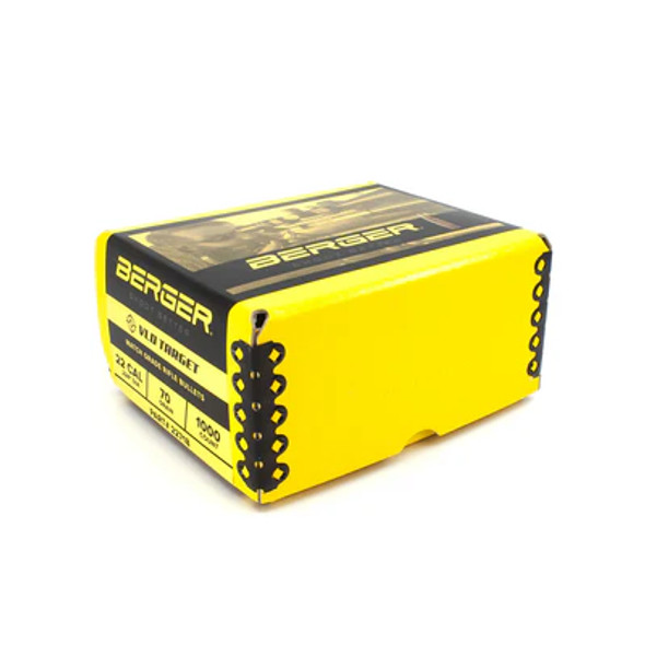 Vibrant yellow box of Berger .22 Cal, 70gr VLD Target bullets, product number 22718, containing 1000 rounds. The box is boldly marked with black and white text detailing the bullet specifications and uses, designed for competitive shooters seeking precision. The distinctive yellow color and decorative bullet icons along the side make it easily recognizable and visually appealing for consumers interested in target shooting.