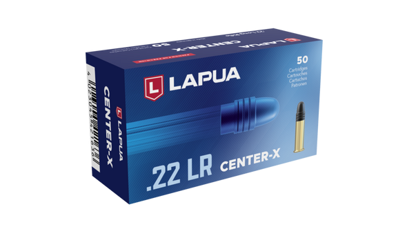 The image shows a box of Lapua Center-X .22 Long Rifle ammunition, product code 420163, containing 50 rounds. Lapua's Center-X is a renowned line known for its high-quality manufacturing standards and consistency, making it a favorite among competitive shooters for its accuracy and reliability. The packaging is distinctly branded with the Lapua logo and a sleek design, emphasizing its use for precision shooting. This type of ammunition is typically used in various shooting disciplines where performance and precision are critical.