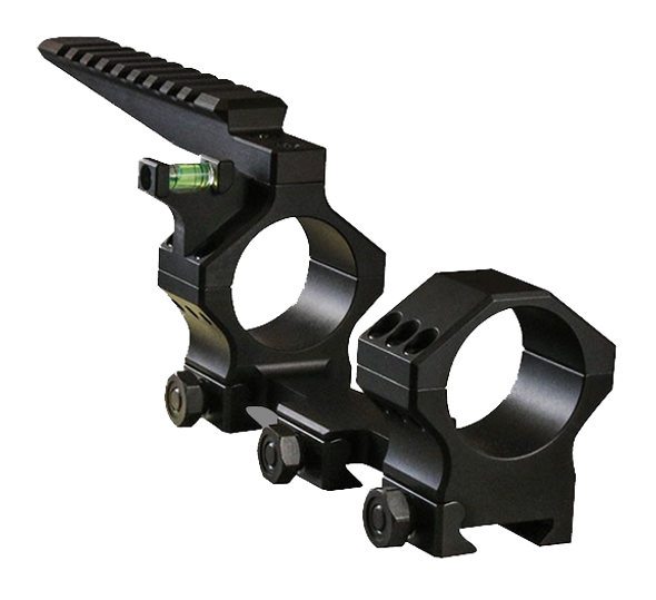 Hawkins Precision 34mm Heavy Tactical One Piece Mount, model number 912-2001.01, with a 20 MOA incline and 1.27-inch height, featuring an integrated Picatinny rail. This robust mount is shown in a matte black finish, designed for high precision and stability in mounting tactical scopes. It includes built-in bubble levels and detailed machining, highlighting its advanced engineering and tactical efficiency.