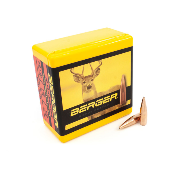 Yellow and red box of Berger VLD Hunting bullets, .30 caliber, 155gr, product number 30508, holding 100 bullets. The box features a vibrant image of a deer in a natural setting on its side, highlighting the bullet's effectiveness for hunting. Two precision-engineered, copper-colored bullets are displayed in front of the box, showcasing the product's design for optimal hunting performance.