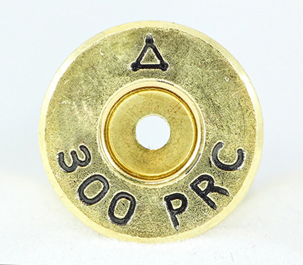 Close-up view of the base of a 300 Precision Rifle Cartridge (PRC) from ADG Brass, showcasing the engraved headstamp '300 PRC'. This detailed image highlights the brass quality and the visible anneal line around the primer hole, indicative of a meticulous heat treatment process for enhanced durability. Ideal for detailed product listings and appealing to precision shooting enthusiasts in a 50-piece box set.