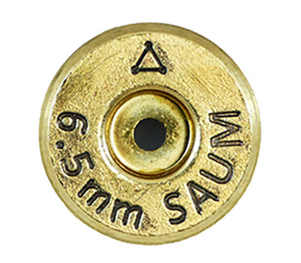 Detailed view of the base of a 6.5mm SAUM (Short Action Ultra Magnum) cartridge from ADG Brass, featuring the engraved headstamp '6.5mm SAUM'. The image highlights the central primer hole and a visible anneal line, indicating a specialized heat treatment for enhanced durability and performance. Ideal for showcasing in online ammunition listings and appealing to shooting enthusiasts in a 50-piece box set.