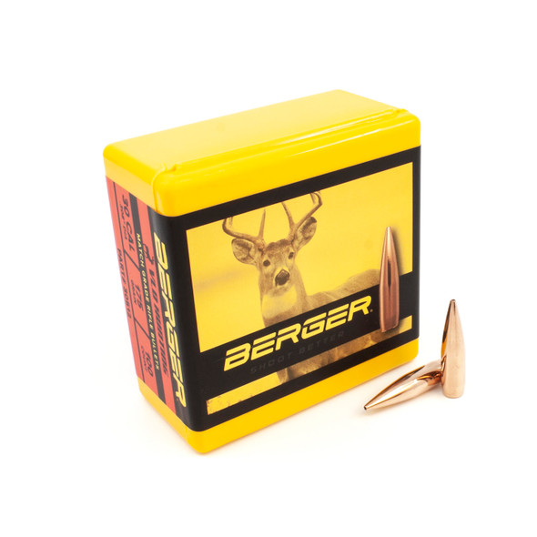 Yellow and red box of Berger VLD Hunting bullets, .30 caliber, 175gr, product number 30512, holding 100 bullets. The box features a vibrant image of a deer in a natural setting on its side, highlighting the bullet's effectiveness for hunting. Two precision-engineered, copper-colored bullets are displayed in front of the box, showcasing the product's design for optimal hunting performance.