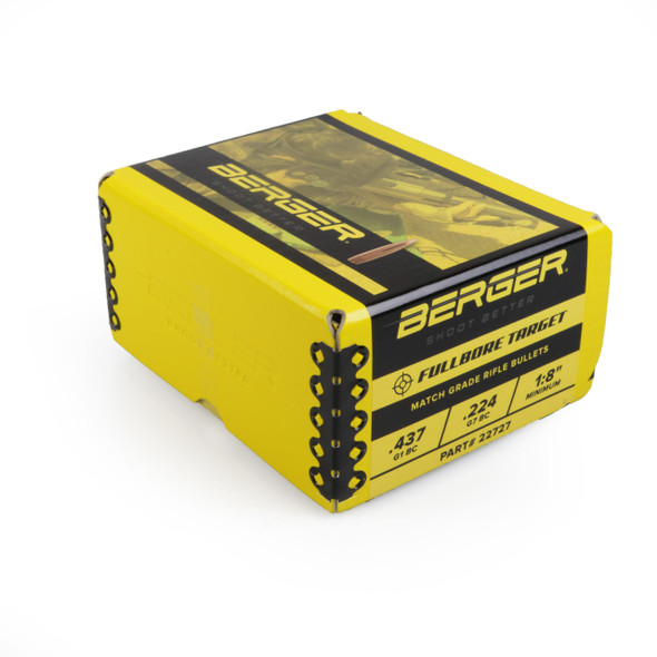 Robust yellow box of Berger FULLBORE Target bullets, .22 caliber, 80.5gr, product number 22727, designed to contain 1000 bullets. The box is marked with tactical bullet graphics and detailed product specifications, emphasizing its high capacity and suitability for competitive fullbore target shooting events.