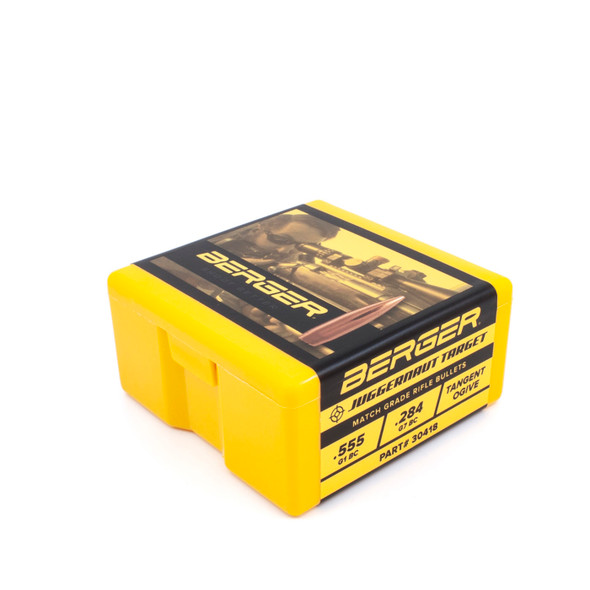 Bright yellow plastic box of Berger Juggernaut Target bullets, .30 caliber, 185gr, product number 30418, containing 100 bullets. The box features a top label with an image of shooters at a competitive event, emphasizing the bullet's design for precision and stability in long-range target shooting.