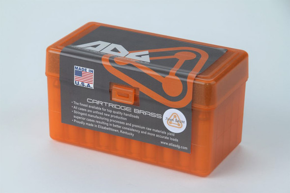 Bright orange ADG Brass ammunition box for 7mm SAUM (Short Action Ultra Magnum) cartridges, featuring a clear label with the ADG logo, an American flag, and essential product details. This durable plastic box is designed for secure storage and transportation of 50 cartridges, making it ideal for hunters and shooting enthusiasts.