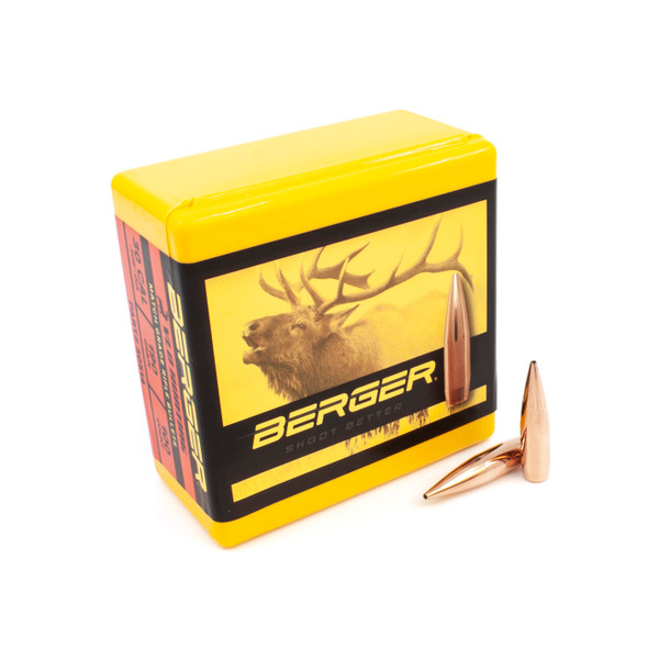 Yellow and red box of Berger VLD Hunting bullets, .30 caliber, 190gr, product number 30514, holding 100 bullets. The box features a vibrant image of a large stag in a forest setting on its side, emphasizing the bullet's effectiveness for big game hunting. Two copper-colored, precision-engineered bullets are also displayed in front of the box, showcasing their design for optimal hunting performance.