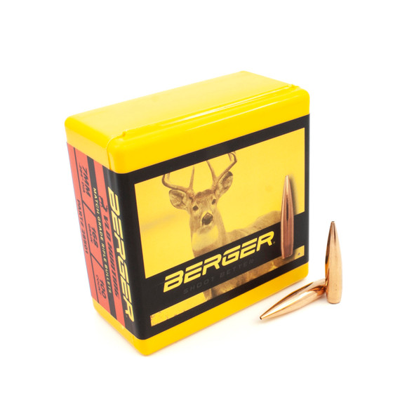 Yellow and red box of Berger VLD Hunting bullets, 7mm caliber, 168gr, product number 28501, containing 100 bullets. The box displays a vivid image of a deer on its side, highlighting the bullet's effectiveness for big game hunting. Two precision-engineered, copper-colored bullets are also displayed in front of the box, showcasing their design for optimal hunting performance.