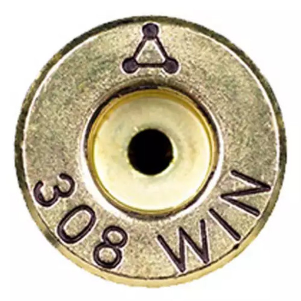 Detailed view of the base of a .308 Winchester cartridge by ADG Brass, showing the engraved headstamp '308 WIN'. The image highlights the central primer hole and a visible anneal line, which indicates the heat treatment process for improved strength and durability. Perfect for showcasing in product listings aimed at hunters and competitive shooters, part of a 50-piece box set.