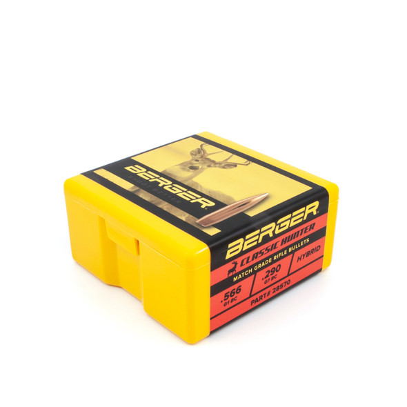 Compact yellow and red box of Berger Classic Hunter bullets, 7mm caliber, 168gr, product number 28570, containing 100 bullets. The box is distinctly labeled with details and features an image of a target shooting event, emphasizing the bullet's design for precision and effectiveness in hunting applications.