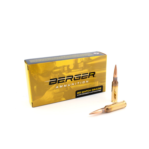 Elegant gold and black box of Berger Long Range Hybrid Target ammunition in 6.5mm Creedmoor, 153.5gr, product number 31091, containing 20 rounds. The package is showcased with two bullets positioned beside it, highlighting the sleek, copper-colored design and pointed tip of the ammunition, designed for precision in long-range shooting competitions.