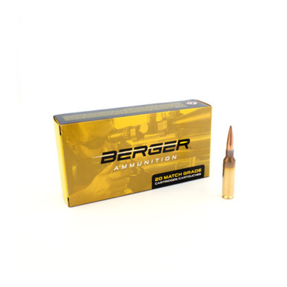 Berger 6.5mm Creedmoor 153.5gr LRHT ammunition — product box with one upright cartridge (box + cartridge) Berger 6.5mm Creedmoor 153.5gr LRHT ammunition — product box with one upright cartridge (box + cartridge)