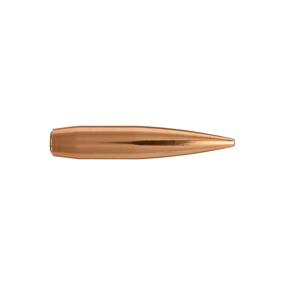 Detailed image of a Berger Hybrid Target bullet, 7mm, 180gr, from the bulk pack with product number 28707 designed for 500 bullets. Displayed against a transparent background, the bullet features a sleek, copper-colored design and a finely pointed tip, optimized for high precision and consistent performance in competitive target shooting.