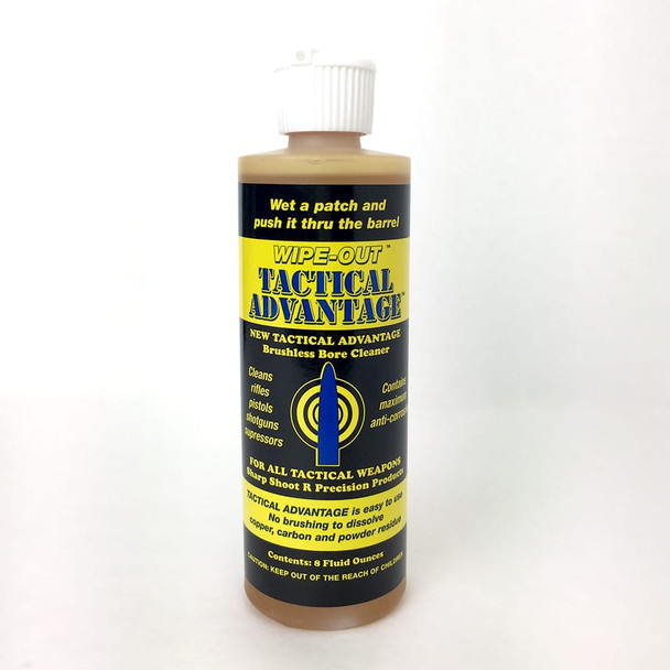 Bottle of SharpShoot-R Tactical Advantage Bore Cleaner, featuring a sleek design with a brown bottle and a striking yellow label. The label prominently displays the product's benefits for cleaning all technical firearms, ensuring protection against corrosion and reduction of fouling without the need for harsh scrubbing. Ideal for gun enthusiasts and professionals who require effective and quick cleaning solutions for maintaining their firearms in optimal condition.