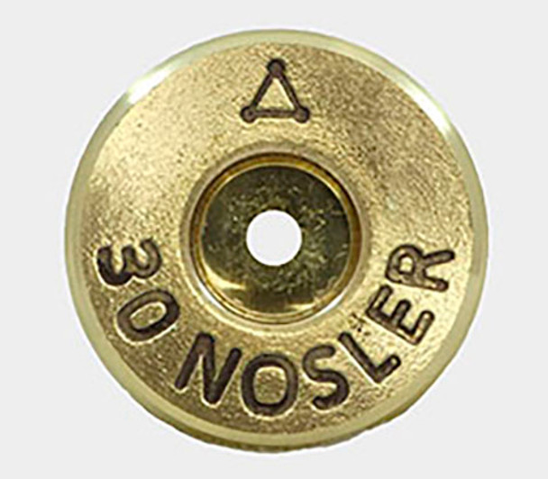 The image displays the base of a cartridge case with the headstamp reading "30 NOSLER," indicating that it is for the .30 Nosler caliber. The Atlas Development Group logo, identified by the triangular symbol, suggests that this is their product. The visible discoloration around the primer pocket, commonly referred to as the anneal line, indicates that the brass has been annealed to relieve stress in the material, improving durability and extending case life. The accompanying text suggests that these cases come in a box of 50, which is a common quantity for those engaged in reloading and precision shooting, where consistent case quality is essential. The .30 Nosler is known for its high performance in long-range shooting and hunting, delivering a balance of velocity and accuracy.