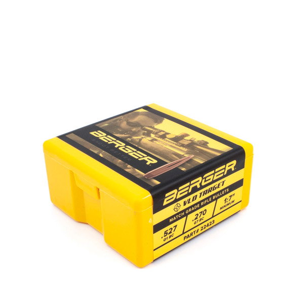 Bright yellow plastic box of Berger VLD Target bullets, .22 caliber, 90gr, product number 22423, containing 100 bullets. The box features a top label with an image of competitive target shooting, emphasizing the bullet's design for precision and effectiveness in long-range shooting competitions.