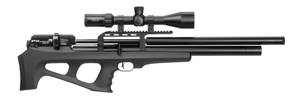 FX Airguns Wildcat MkIII Synthetic Sniper in .30 caliber, featuring a sleek and lightweight synthetic stock in black. This compact yet powerful air rifle is equipped with a long precision barrel and a telescopic sight for enhanced targeting accuracy. Ideal for both recreational shooting and small game hunting, offering high performance with a modern tactical appearance.