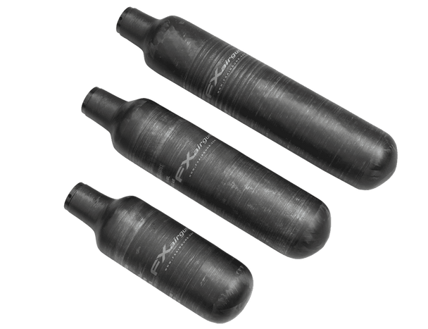 Set of three FX Airguns Carbon Fiber Bottles with valves, each with a capacity of 300cc. These lightweight, durable bottles are designed for use with FX air rifles, offering enhanced air storage for extended shooting sessions. The carbon fiber construction ensures strength and reduced weight, ideal for upgrading airgun setups to improve performance and portability.