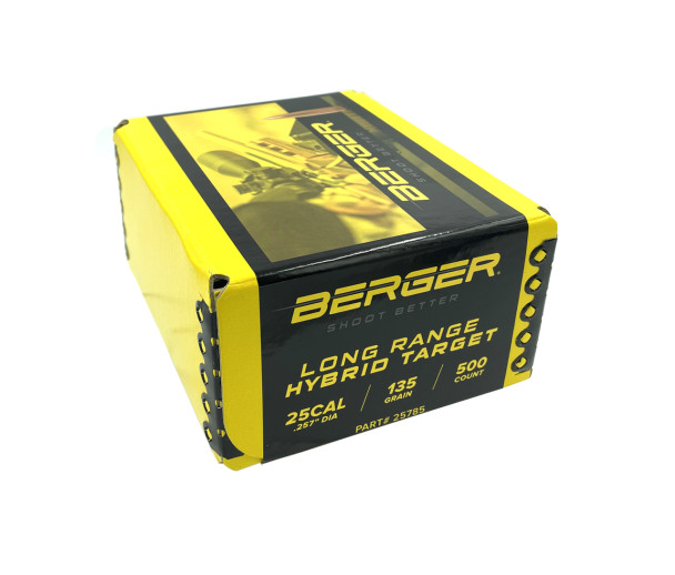 Vibrant yellow and black box of Berger Long Range Hybrid Target bullets, .25 caliber, 135gr, product number 25785, containing 500 bullets. The box is adorned with tactical graphics and detailed markings, emphasizing its high volume capacity and the bullets' design for enhanced accuracy in long-range target shooting competitions.