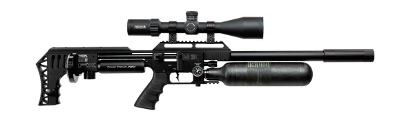 FX Airguns Impact M3 in black, featuring a 600mm barrel chambered in .30 caliber, model FXI353613. This high-performance air rifle is designed with a tactical telescopic sight, adjustable stock, and an extended air cylinder, ideal for both competitive shooting and hunting. The compact size enhances maneuverability while maintaining accuracy at long distances.