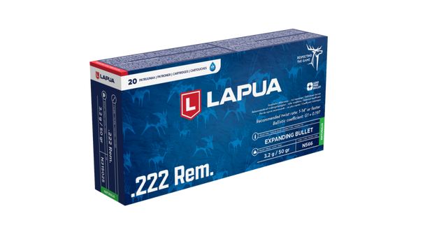 Box of 20 Lapua .222 Remington ammunition, product code N315025, featuring 50gr Naturalis Solid bullets. The packaging is a vibrant blue with red and white accents, displaying the Lapua logo and detailed graphics of stags in a forest setting. The box is labeled clearly with the ammunition type and weight for easy identification.