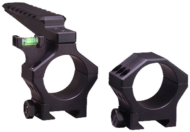 Hawkins Precision 35mm Heavy Tactical Scope Ring Set, model number 913-0003, with a height of 1.15 inches, accompanied by an integrated Picatinny rail. These matte black scope rings are designed for high durability and precision, featuring cutouts to minimize weight without sacrificing strength. Each ring includes a built-in bubble level, showcased here to emphasize their utility in ensuring accurate and stable scope mounting for tactical and long-range shooting applications.