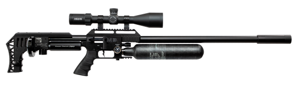 FX Airguns Impact M3 in black, equipped with a .35 caliber barrel, model FXI363601-DFL. This powerful air rifle features a telescopic sight and an adjustable stock, tailored for heavy-duty shooting with a larger bore size. Its robust design is ideal for both hunting larger game and engaging in precision shooting competitions.