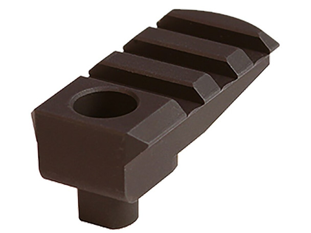 Hawkins Precision Picatinny Rail, DBM Front, model number 310-1000. This compact accessory is designed in a matte black finish and is structured to attach to the front of a detachable box magazine system. It features several slots for mounting various tactical accessories. The rail’s robust design and strategic cutouts provide versatility and reliability in customizing firearm setups for enhanced functionality in tactical and hunting applications.