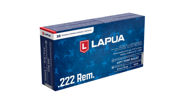 Box of 20 Lapua .222 Remington ammunition, model number 4315030, featuring 55gr soft point bullets. The packaging is designed in a vibrant blue color with an intricate pattern of deer silhouettes, highlighting the Lapua logo in red and white. Each detail on the box, including the ammunition type, bullet weight, and intended use for hunting and target shooting, is clearly displayed for user convenience.
