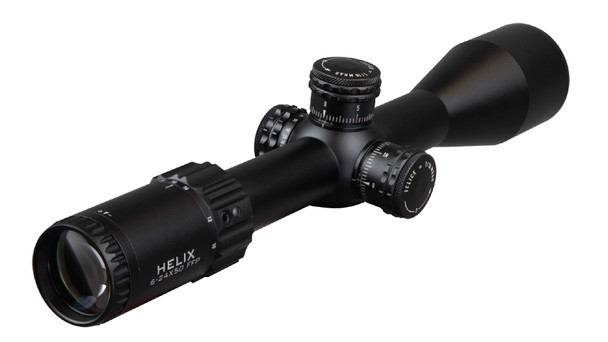 Element Optics Helix 6-24x50 FFP rifle scope with an APR-2D MRAD reticle. The optic features a black matte finish and is angled to showcase its prominent elevation and windage turrets, marked with precise MRAD increments for accurate adjustments. The Helix model name is visible along the scope's side, ensuring brand recognition. The 50mm objective lens promises superior light gathering capabilities for a clear field of view, essential in varying light conditions. This scope is designed for long-range precision shooting, as indicated by the 6-24x magnification range. The background is muted to draw attention to the scope's details, making the image suitable for online retail listings, product catalogs, and reviews for shooting enthusiasts.