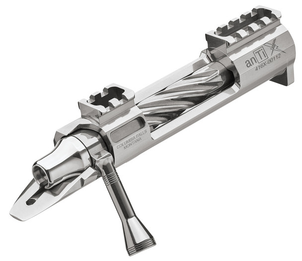 Defiance anTi X rifle action in polished stainless steel, designed for medium barrel length and right eject. Suitable for Magnum calibers, this model features X-Deep anTi fluting, an anTi knob/handle, and a BDL system. It includes a 20 MOA integral Picatinny rail, integral lug, recessed bolt nose, M16 extractor, and an aluminum shroud, tailored for high precision and reliability in competitive shooting.