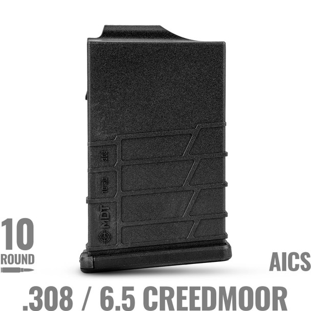 Black polymer Gen 2 MDT magazine designed for short action, with a 10-round capacity, suitable for .308 and 6.5 Creedmoor cartridges, model 104447-BLK. The magazine features a textured surface for enhanced grip, with embossed cartridge types and capacity indicator, presented on a dark background.