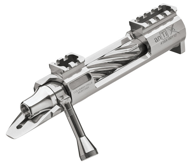 Polished stainless steel bolt action rifle receiver with detailed features including anTi X branding, XM RB X-Deep anTi fluting, Magnum size, anTi knob/handle, BDL configuration, right eject mechanism, integral Picatinny rail with 20 MOA, integral lug, recessed bolt nose, M16 extractor, and aluminum shroud, designed for precision shooting.