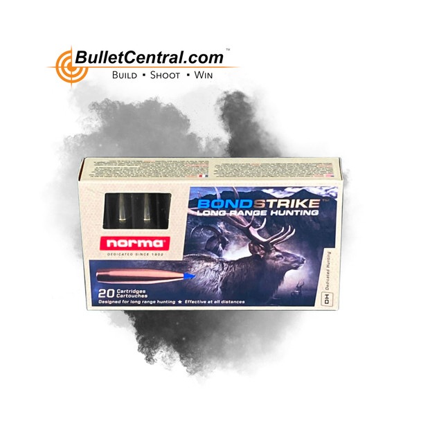 Box of Norma Bondstrike .300 WSM caliber ammunition featuring 180 grain bullets, designed for extreme range hunting. The packaging displays a prominent image of the bullet and the Bondstrike logo, highlighted against a deep blue and white color theme. The background features a smoky gray effect with the retailer's logo, BulletCentral.com, prominently displayed at the top.