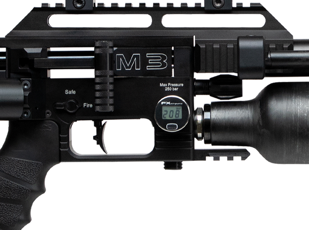 Close-up view of the FX Airguns 300 BAR Wika Gauge, 27mm size, mounted on an FX Airgun. The gauge is prominently displayed on the black airgun body, featuring a digital display showing the current air pressure. This precision instrument is essential for monitoring air pressure levels to ensure optimal performance and safety during shooting activities.