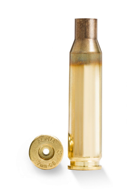 This image shows a brass cartridge case for the 7mm-08 Remington caliber, which is indicated to be designed for a Large Rifle Primer. The headstamp shows the brand "ALPHA," which signifies that it's manufactured by Alpha Munitions, a company known for their premium brass casings for precision shooting. The 7mm-08 Remington is a popular choice for hunters and shooters who appreciate its balance of recoil and performance for medium to large game. The packaging quantity "Qty 100" is a common bulk amount that would suit reloaders and serious shooters who look for consistency in their hand-loaded ammunition. Alpha Munitions brass is valued for its quality and consistency, critical for achieving accurate and reliable performance.